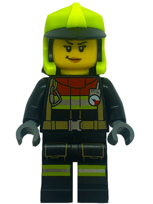 Fire - Female, Black Jacket and Legs with Reflective Stripes and Red Collar, Neon Yellow Fire Helmet, No Visor (cty1555)