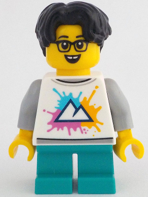 Child - Boy, White Shirt with Mountains Logo, Dark Turquoise Short Legs, Black Hair Wavy, Glasses (idea207)