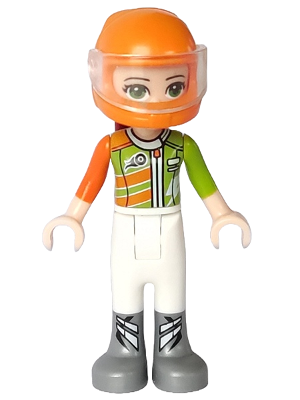 Friends Mia - White Trousers, Lime and Orange Racing Jacket, Orange Racing Helmet with Dark Red Ponytail (frnd0273)