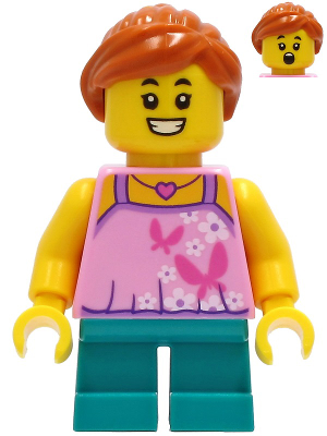 Tourist - Girl, Bright Pink Top with Butterflies and Flowers, Dark Turquoise Short Legs, Dark Orange Hair (twn408)