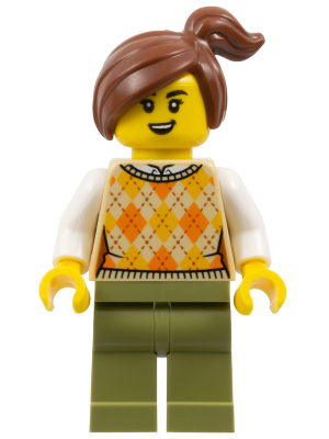 Corner Kiosk Customer - Female, Tan Knit Argyle Sweater Vest, Olive Green Legs, Reddish Brown Side Ponytail (gen191)