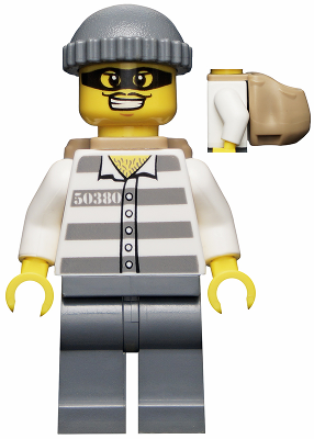 Police - Jail Prisoner 50380 Prison Stripes, Dark Bluish Gray Legs, Dark Bluish Gray Knit Cap, Backpack, Mask (cty0392)