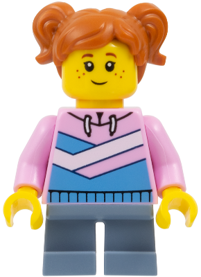 Child - Girl, Bright Pink Hoodie with Medium Blue and White Diagonal Stripes, Sand Blue Short Legs, Dark Orange Hair with Pigtails, Freckles (cty1481)