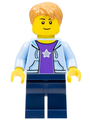 Boy, Bright Light Blue Hoodie with White Star, Dark Blue Legs, Medium Nougat Hair Short Tousled with Side Part (hol084)
