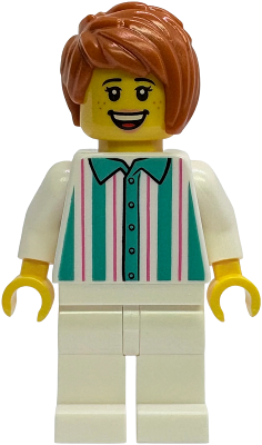 Gelato Shop Owner - Female, White Shirt with Stripes and Legs, Dark Orange Hair (idea241)