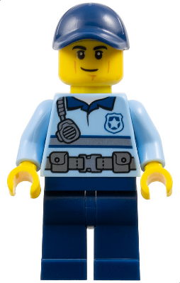 Police - City Officer Bright Light Blue Shirt with Silver Stripe, Badge, and Radio, Dark Blue Legs, Dark Blue Cap, Smirk (cty1373)