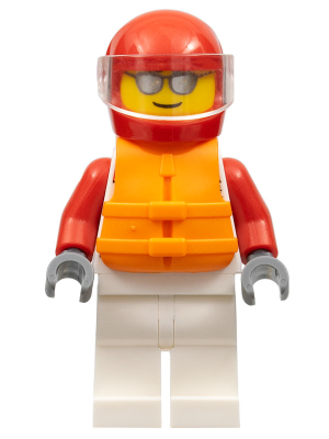 Race Boat Driver - Male, White and Red Racing Suit with 'XTREME' Logo, White Legs, Red Helmet, Trans-Clear Visor, Orange Life Jacket, Sunglasses (cty1112)