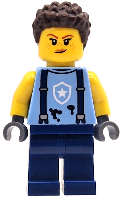 Police Mechanic - Female, Bright Light Blue Shirt with Suspenders, Black Splotches and White Star Badge Logo, Dark Blue Legs, Dark Brown Coiled Hair (cty1913)