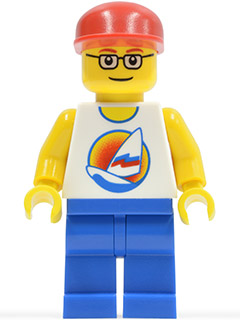 Surfboard on Ocean - Blue Legs, Red Cap, Red Eyebrows, Glasses (twn070)
