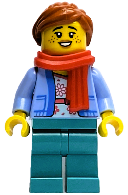 Wintertime Carriage Passenger - Female, Bright Light Blue Jacket over White Shirt with Coral Flowers, Dark Turquoise Legs, Dark Orange Ponytail, Freckles, Red Scarf (hol333)