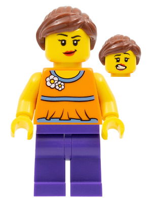Orange Halter Top with Medium Blue Trim and Flowers Pattern, Dark Purple Legs, Reddish Brown Ponytail and Swept Sideways Fringe (twn230)