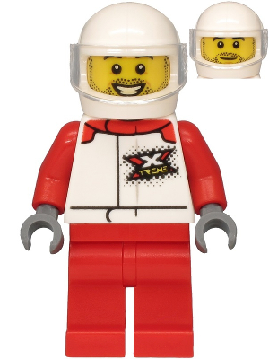 Helicopter Pilot - Male, White and Red Racing Suit with 'XTREME' Logo, Red Legs, White Helmet, Trans-Clear Visor, Stubble (cty1197)