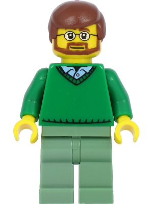 Green V-Neck Sweater over Button Down Shirt Collar with 1 Button, Sand Green Legs, Reddish Brown Hair, Beard (cty0893a)