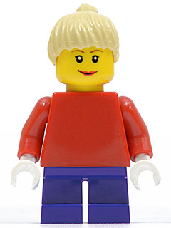 Plain Red Torso with Red Arms, Dark Purple Short Legs, Tan Female Ponytail Hair, Brown Eyebrows (twn090)