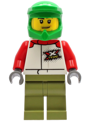 Wheelchair Athlete - Male, White and Red Racing Suit with 'XTREME' Logo, Olive Green Legs, Bright Green Dirt Bike Helmet, Stubble (cty1231)