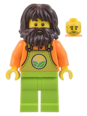 Farmer - Male, Lime Overalls over Orange Shirt, Lime Legs, Dark Brown Shaggy Hair and Beard (cty1442)