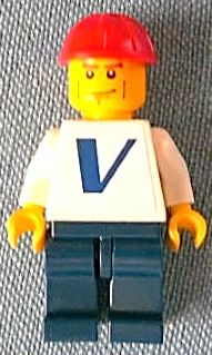 Plain White Torso with Vestas Logo (Sticker) with White Arms, Dark Blue Legs, Red Construction Helmet, Vertical Cheek Lines (pln156s)