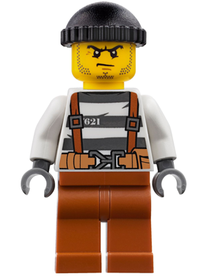 Police - City Bandit Crook Overalls 621 Prison Stripes, Dark Orange Legs, Black Knit Cap, Beard Stubble and Scowl (cty0777)