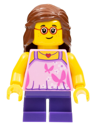 Child - Girl, Bright Pink Top, Dark Purple Legs, Reddish Brown Hair, Glasses, Freckles (cty0767)