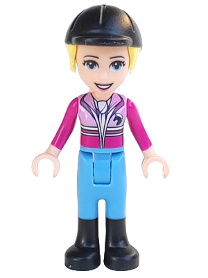 Friends Stephanie - Bright Pink and Magenta Jacket with Horse Head Logo, Medium Blue Pants, Black Boots, Black Riding Helmet with Bright Light Yellow Ponytail (frnd0285)
