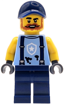 Police Mechanic - Male, Bright Light Blue Shirt with Suspenders, Black Splotches and White Star Badge Logo, Dark Blue Legs and Cap, Dark Orange Beard (cty1914)