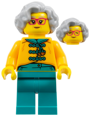 Flower Seller - Female, Bright Light Orange Tang Jacket, Dark Turquoise Legs, Light Bluish Gray Hair, Red Glasses (hol341)