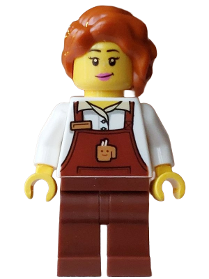 Barista Hot Chocolate Stand - Female, Reddish Brown Apron with Cup and Name Tag, Reddish Brown Legs, Dark Orange Hair with Braid (hol394)