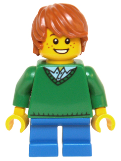 Child - Boy, Green V-Neck Sweater, Blue Short Legs, Dark Orange Tousled Hair, Freckles (hol058)