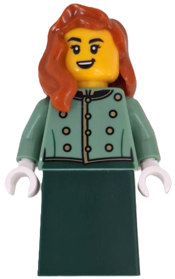 Wild West Train Passenger - Female, Sand Green Vest, Dark Green Skirt, Dark Orange Hair Over Shoulder (bdp201)