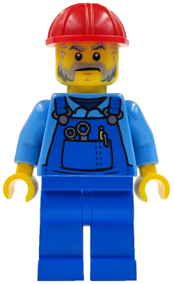 Mechanic - Male, Blue Overalls over Medium Blue Shirt, Blue Legs, Red Construction Helmet, Beard, Back Print (cty1406)