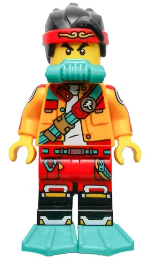 Monkie Kid - Bright Light Orange Open Jacket with Shoulder Strap, Dark Turquoise Scuba Breathing Regulator and Flippers, Frown (mk065)