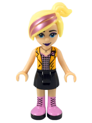 Friends Chloe - Black Skirt, Silver Top with Black and Bright Pink Squares, Bright Light Orange Vest (frnd0297)