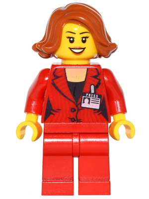 Press Woman / Reporter - Red Legs, Dark Orange Female Hair Short Swept Sideways, Dark Orange Lips, Open Mouth Smile (game011)