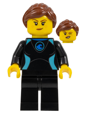 Surfer - Female, Black Wetsuit with Medium Azure Trim, Reddish Brown Hair (cty1051)