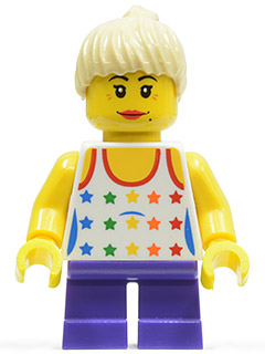Shirt with Female Rainbow Stars Pattern, Dark Purple Short Legs, Tan Ponytail Hair (twn130)