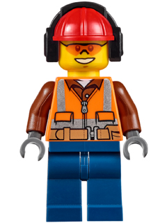 Construction Worker - Male, Orange Safety Vest, Reflective Stripes, Reddish Brown Shirt, Dark Blue Legs, Red Construction Helmet with Black Ear Protectors / Headphones, Safety Glasses (cty0527)