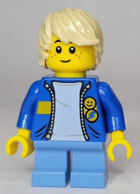 Child - Boy, Blue Jacket with Yellow Stripe, Medium Blue Short Legs, Tan Tousled Hair, Freckles (twn436)
