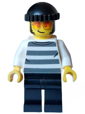 Police - City Bandit Crook Male, White Shirt with Dark Bluish Gray Prison Stripes, Black Legs, Black Knit Cap, Sunglasses (cty1558)