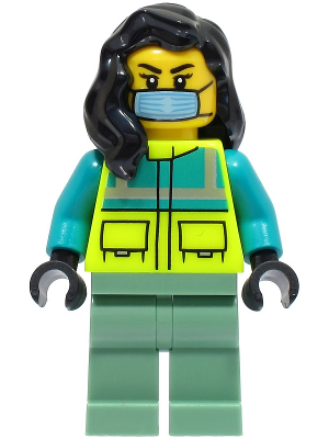 Ambulance Driver - Female, Dark Turquoise and Neon Yellow Safety Vest, Sand Green Legs, Black Hair, Surgical Mask (cty1569)