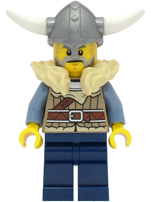 Viking Warrior - Male, Dark Tan Jacket with Tan Fur, Dark Blue Legs, Flat Silver Helmet (vik040)