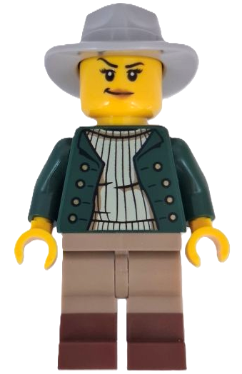 Wild West Train Cowboy - Female, Dark Green Jacket, Dark Tan Legs with Reddish Brown Boots, Light Bluish Gray Fedora (bdp200)