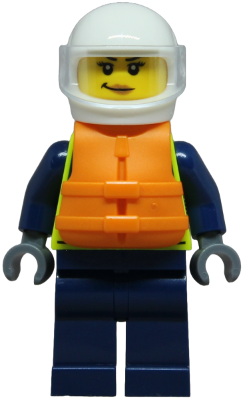 Police - City Officer Female, Neon Yellow Safety Vest, Dark Blue Legs, White Helmet, Trans-Clear Visor, Orange Life Jacket (cty1853)
