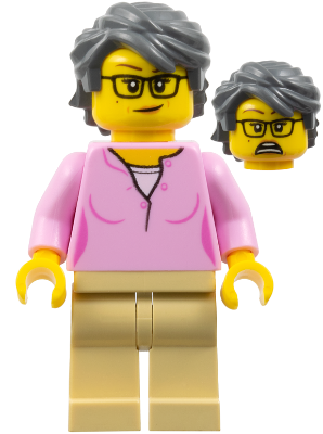 Woman, Bright Pink Shirt, Tan Legs, Dark Bluish Gray Swept Back Tousled Hair (twn438)