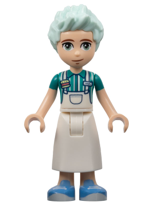 Friends Charli - White Apron Top over Dark Turquoise Shirt, White Skirt Long, Medium Blue Shoes (frnd0613)