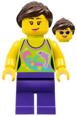 Female - Lime Halter Top with Dolphin Pattern, Dark Purple Legs, Dark Brown Ponytail and Swept Sideways Fringe, Dark Pink Lips (twn227)