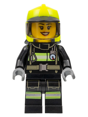 Fire - Female, Black Jacket and Legs with Reflective Stripes, Neon Yellow Fire Helmet, Trans-Brown Visor, Dark Orange Lips (cty1357)