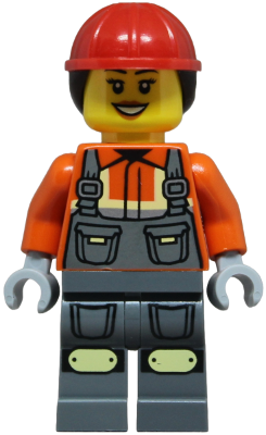 Construction Worker - Female, Dark Bluish Gray Overalls over Reddish Orange Safety Jacket with Reflective Stripes, Dark Bluish Gray Legs with Knee Pads, Red Construction Helmet with Dark Brown Ponytai (cty1855)