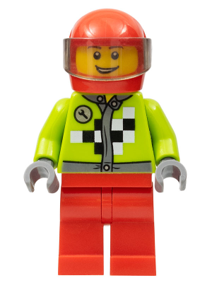 Lime Jacket with Wrench and Black and White Checkered Pattern, Red Legs, Red Helmet, Trans-Brown Visor (rac054)