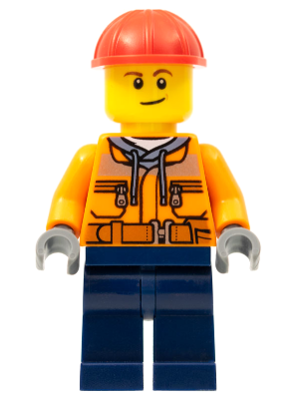Construction Worker - Male, Orange Safety Jacket, Reflective Stripe, Sand Blue Hoodie, Dark Blue Legs, Red Construction Helmet, Lopsided Smile (cty1286)