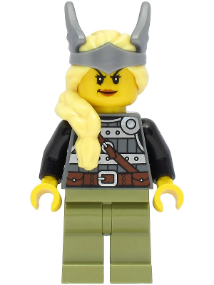 Viking Warrior - Female, Dark Bluish Gray and Silver Armor, Olive Green Legs, Bright Light Yellow Hair with Winged Tiara (vik039)
